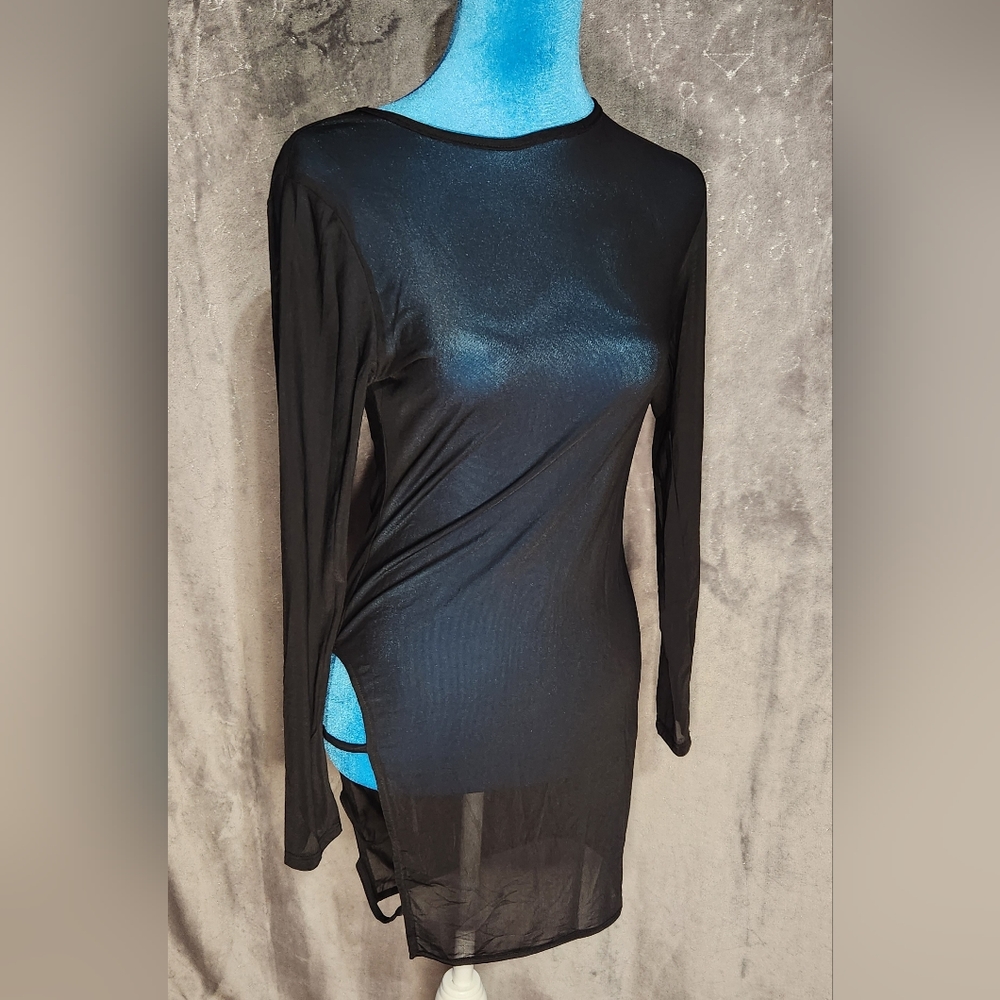 Women's Black  Knee length MESH SEE-THROUGH dress (SIze L) NWT